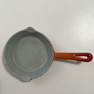 Vintage Orange Enamelled Small Cast Iron Skillet Japan 6in